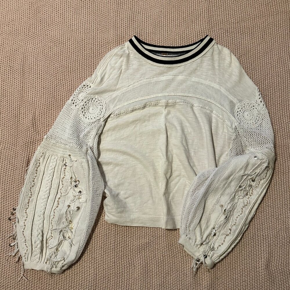 Free People Cream Crochet Sleeve Blouse